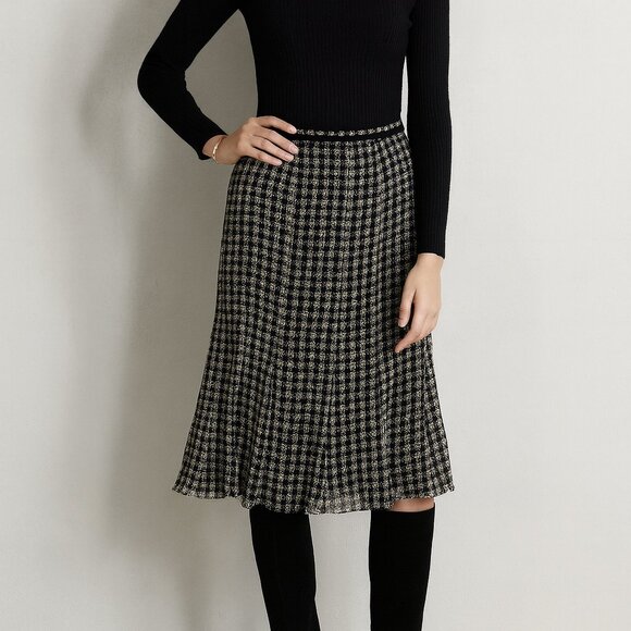 Vintage Anne Klein Black Cream Silk Houndstooth Midi Workwear Skirt Size 10 - Picture 2 of 15